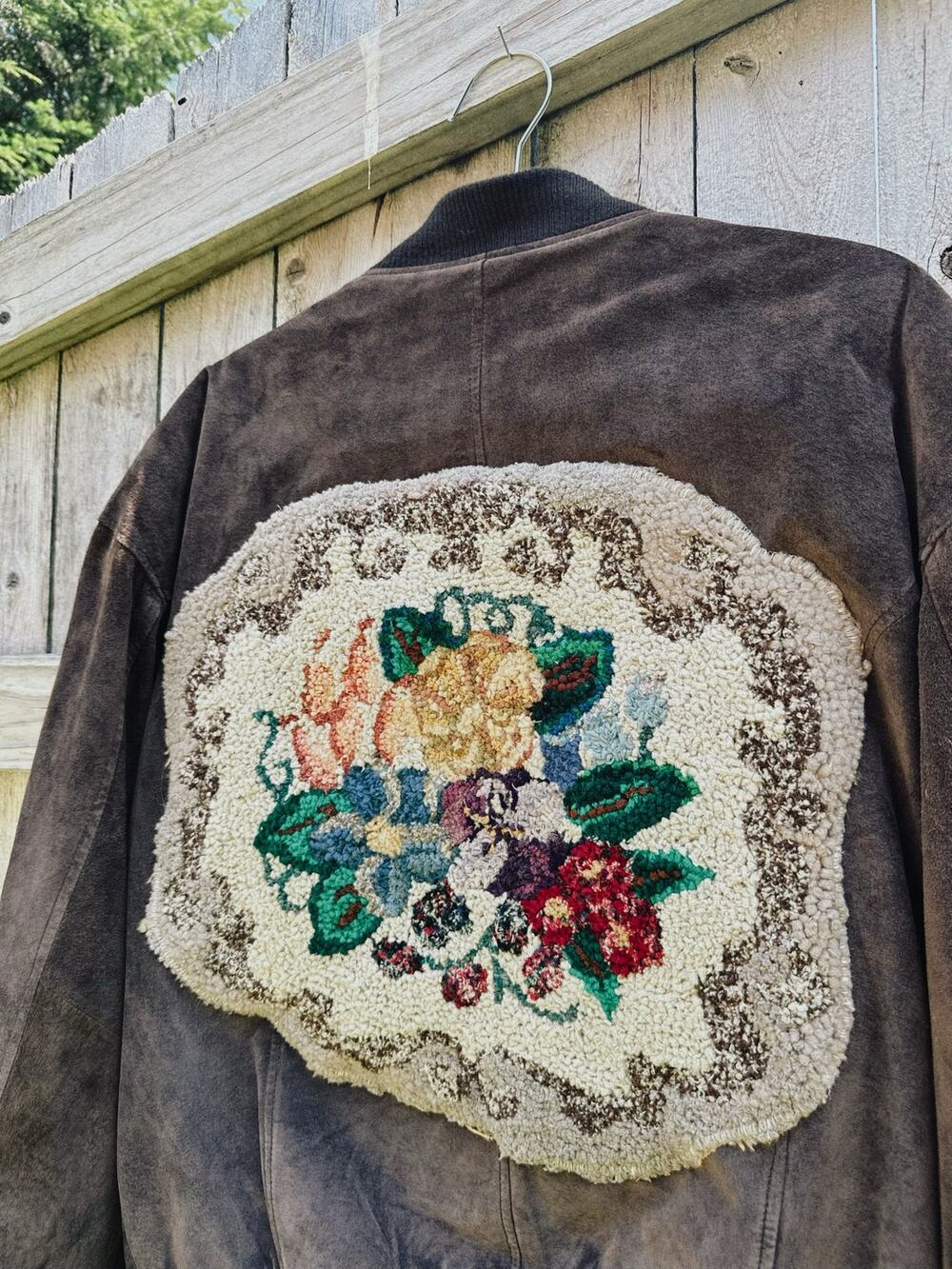 Upcycled Suede Bomber Jacket w/ Vintage Floral Detail | Cottagecore Coat | Large